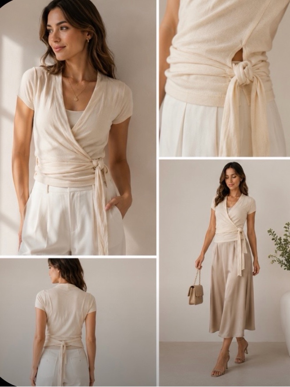 BCBGMAXAZRIA Silk Blend Wrap Top XS Cream Ivory Asymmetrical Tie Waist Cardigan